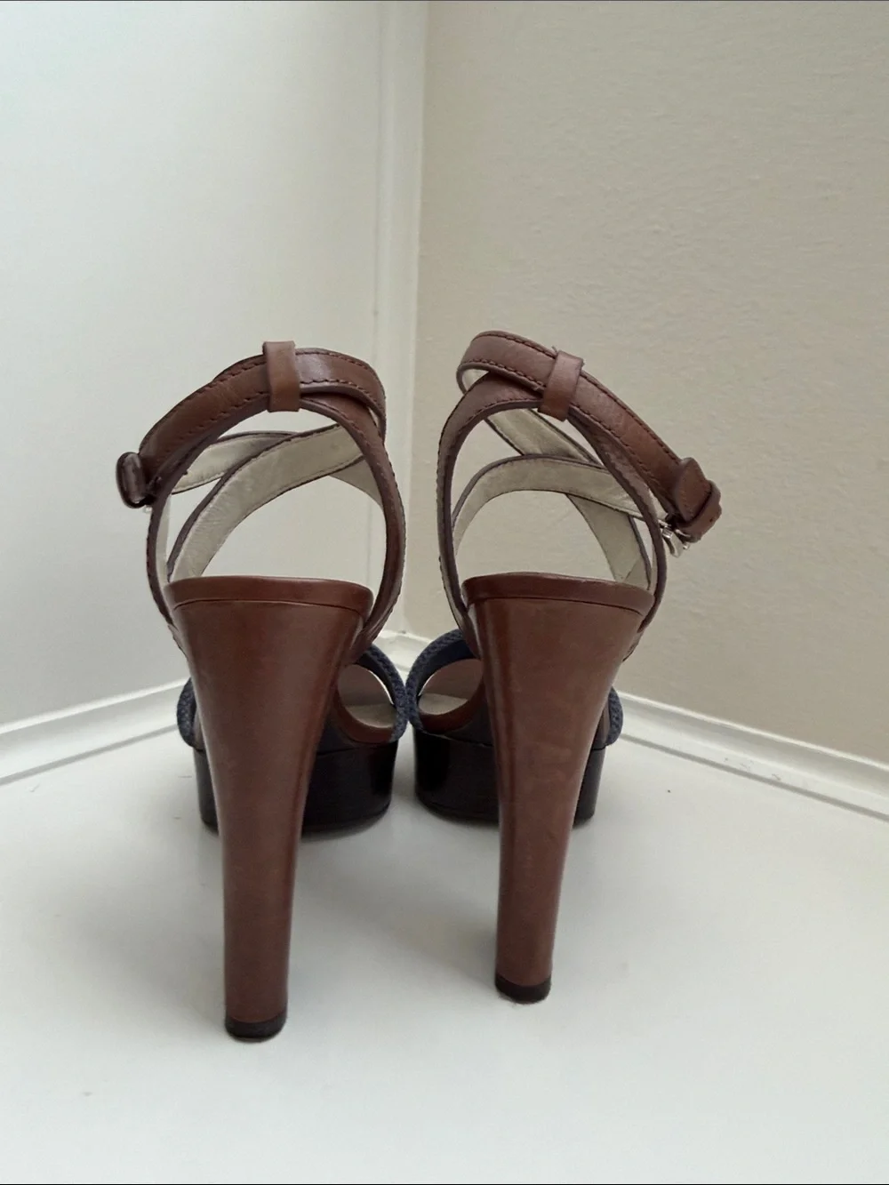 Michael Kora Brown Leather and Navy Platform Block Heel Sandals